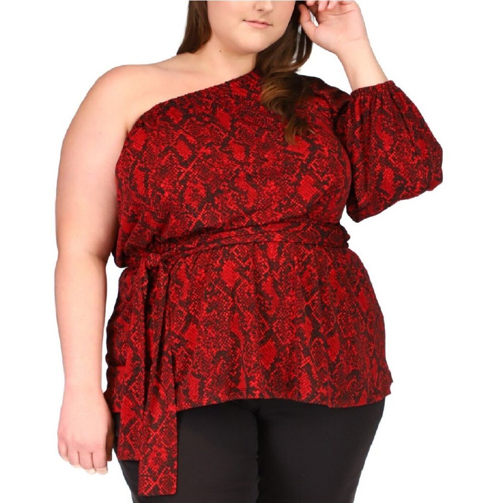 Michael Kors One Shoulder Blouse Python Snake Print Red & Black Ribbon Belt long